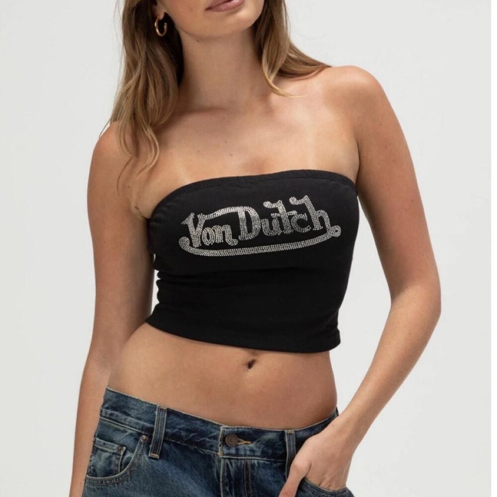 Von Dutch Rhinestone Logo Tube Top Black XL Y2K Bandeau
